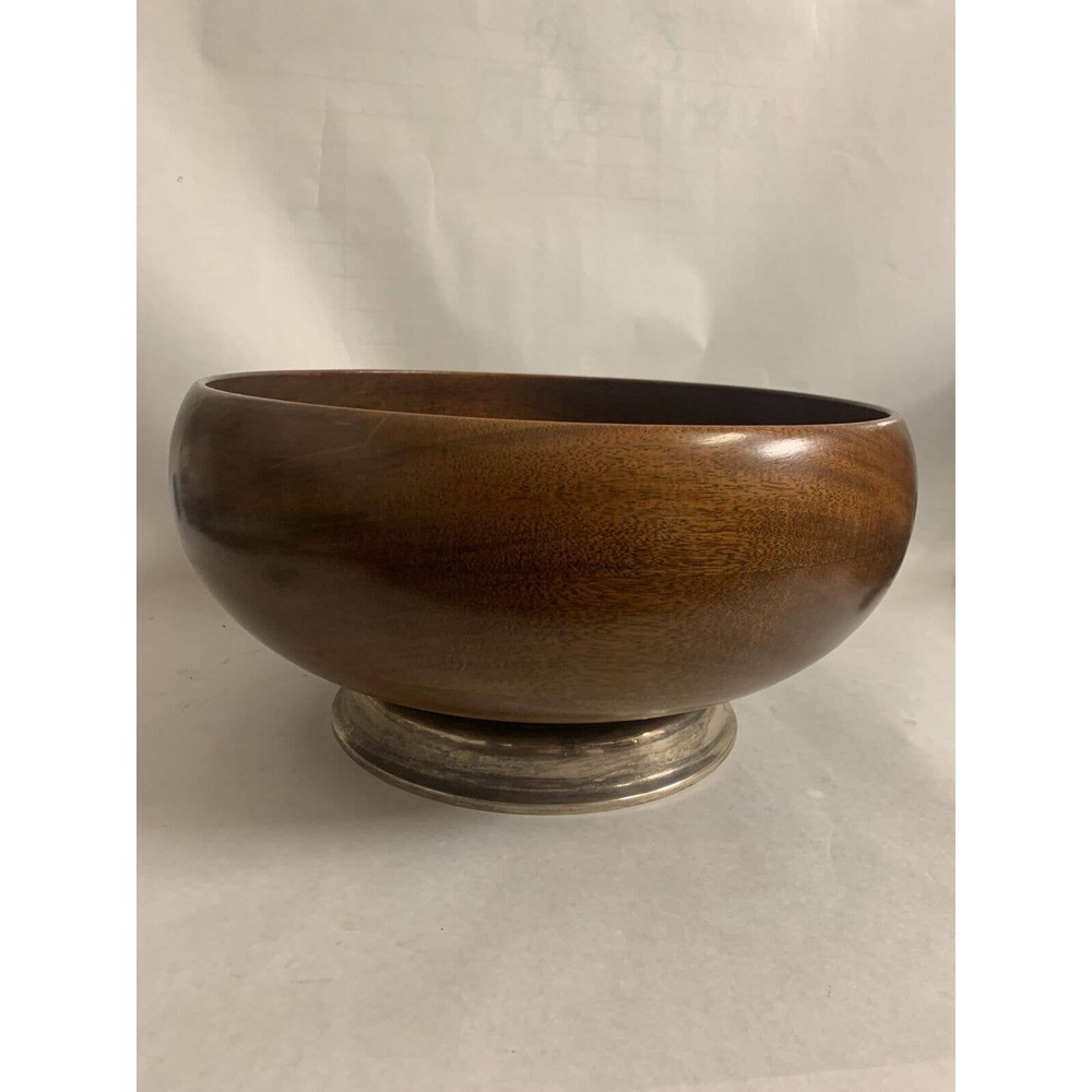 Vintage Wood Serving Bowl, Decorative Wood Bowl, on Molded Silver Base, Salad...